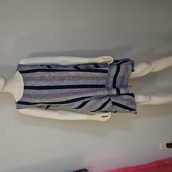 FOR CYNTHIA Blue Striped Linen Tweed Sleeveless Mod Tank Dress - Picture 3 of 11